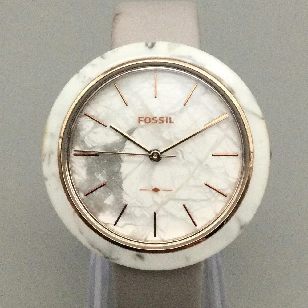 Fossil Womens Watch 38mm Faux White Marble Dial Gray Leather ES4371 New Battery